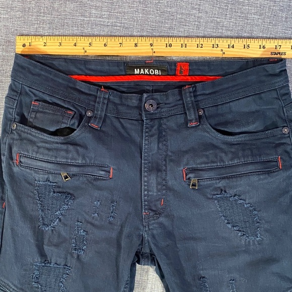 Makobi Moto Jeans 36x34 Navy Mens Distressed Slim Fit Biker Denim Pants Stretch - Picture 14 of 15